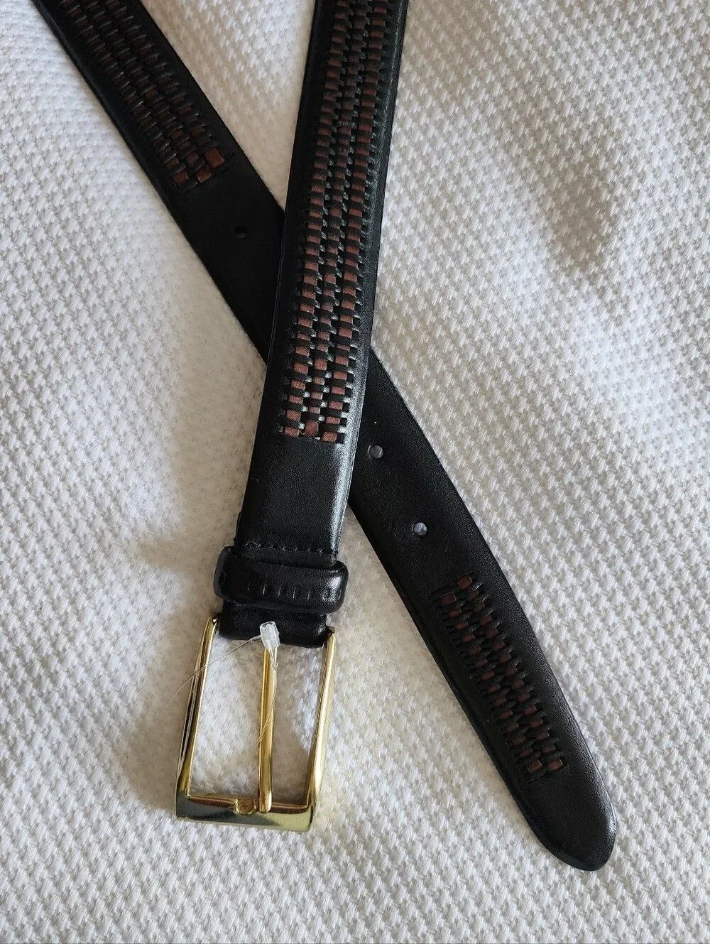 Trafalgar Black Leather Belt with Brown Woven Inlay and Gold Buckle